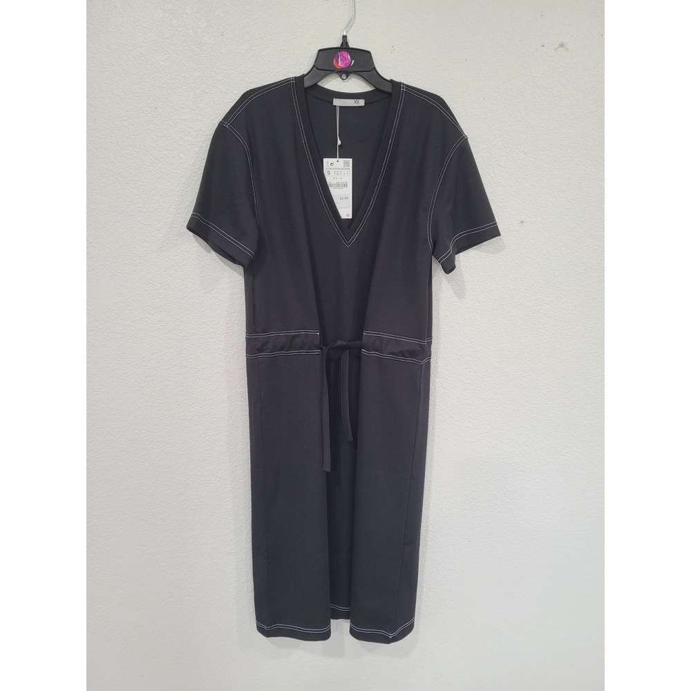 Zara Black Midi Dress Contrast Stitching V-Neck Short Sleeve‎ Tie Waist S #C